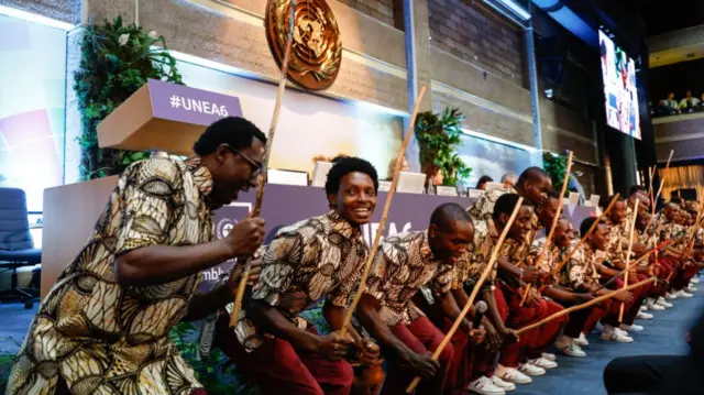 Kenyan boys choir entertain delegates as they attend the opening session of the 6th United Nations Environment Assembly