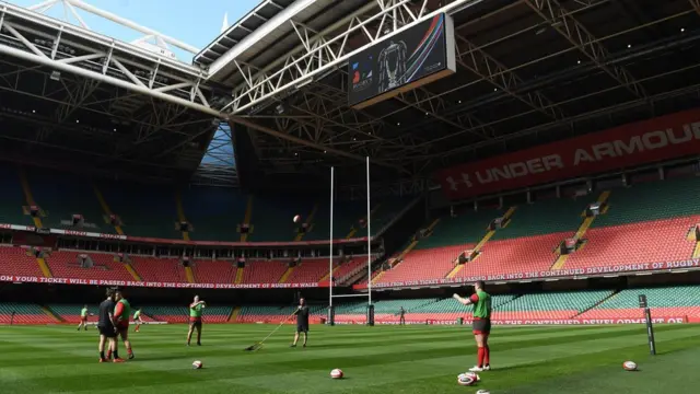 Wales players warm up on Friday ahead of the Six Nations match