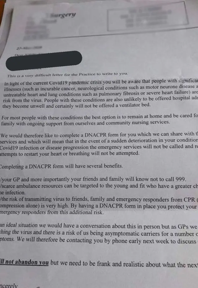 A letter asking patients with life-limiting illnesses to complete a "do not resuscitate" form.