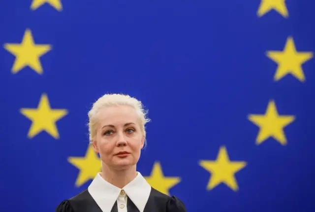 Yulia Navalnaya, the widow of Alexei Navalny, looks on as she addresses the European Parliament in Strasbourg