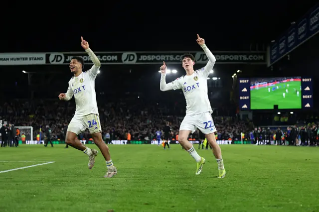 Archie Gray and Georginio Rutter (L) of Leeds United celebrate