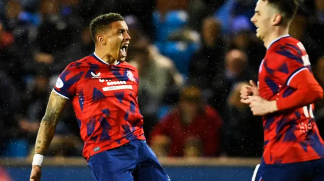 James Tavernier celebrates his equaliser at Rugby Park