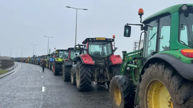 A long line of tractors in Cardiff for the protest