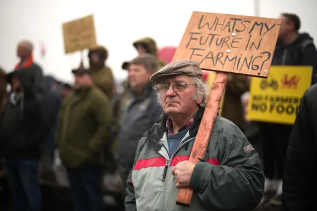 A protester holds a placard reading "What's my future in farming?" outside the Senedd on February 28, 2024 in Cardiff, Wales