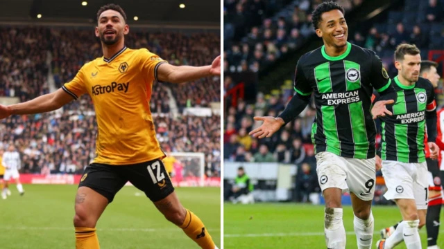 Mattheus Cunha of Wolves and  Brighton & Hove Albion's Joao Pedro - collated image