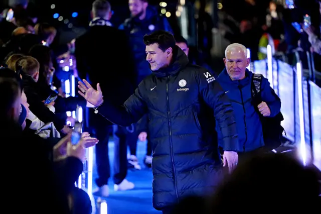 Mauricio Pochettino, Manager of Chelsea, interacts with fans as he arrives at the stadium