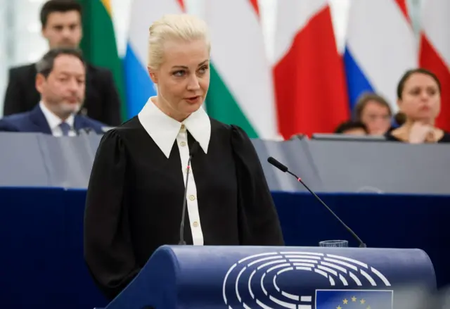 Yulia Navalnaya, the widow of Alexei Navalny, addresses the European Parliament, in Strasbour