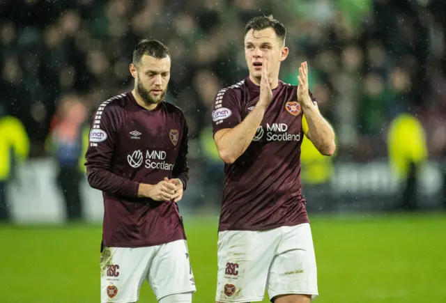 Hearts' Lawrence Shankland and Jorge Grant at full time