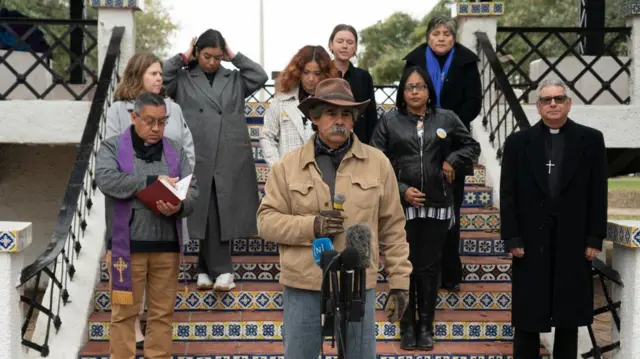 Jessie Fuentes and other speakers attend a press conference presented by Eagle Pass Border Coalition