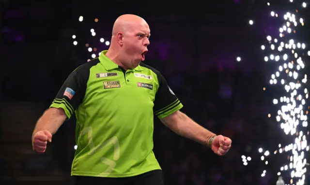 Michael van Gerwen celebrates winning night four of Premier League Darts in Newcastle