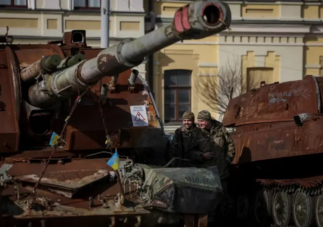 Destroyed Russian military vehicles are displayed in central Kyiv as Russia's attack on Ukraine continues, 27 February 2024