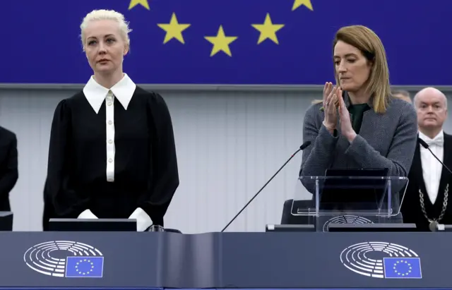 Yulia Navalnaya, the widow of Alexei Navalny, the Russian opposition leader who died in a prison camp, looks on during the day she addresses the European Parliament, in Strasbourg, France