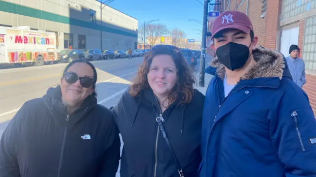 l-r Maria Perez, Jamie Groth Searle, Hugo Diaz, Southwest Collective members outside migrant shelter