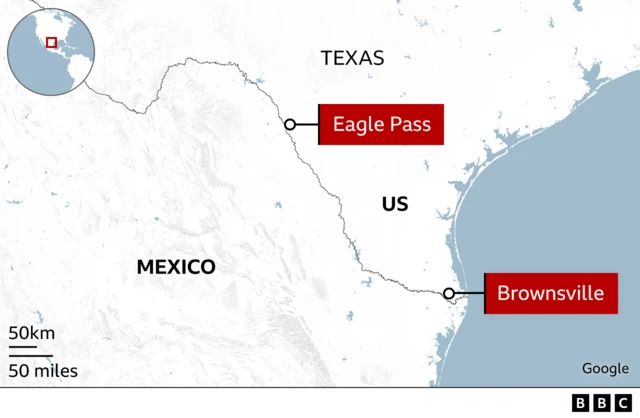 Map showing where Eagle Pass and Brownsville are