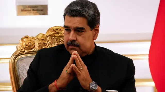 Venezuela's President Nicolas Maduro meets with Russia's Foreign Minister Sergei Lavrov (not pictured) at Miraflores Palace, in Caracas, Venezuela February 20, 2024.