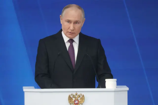 Russian President Vladimir Putin speaks during his annual state of the nation address