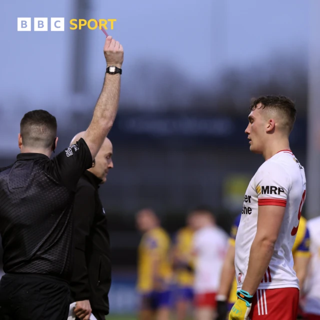 Tyrone's Conn Kilpatrick receives a straight red card from referee Martin McNally