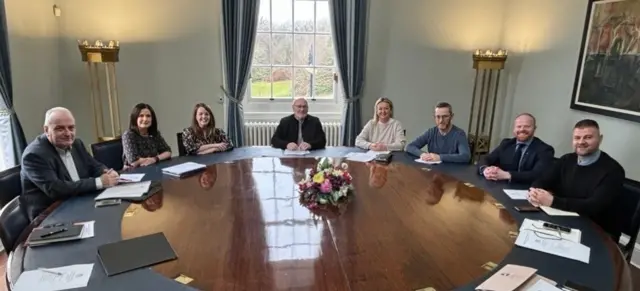 Speaker Alex Maskey chairs a meeting of party whips inside Parliament Buildings