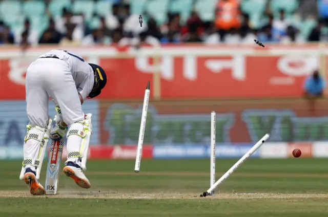 Ollie Pope is bowled by Jasprit Bumrah