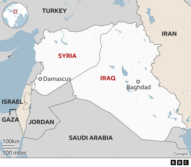 A map of the Middle East highlighting Syria and Iraq - where the US has reportedly struck unspecified targets