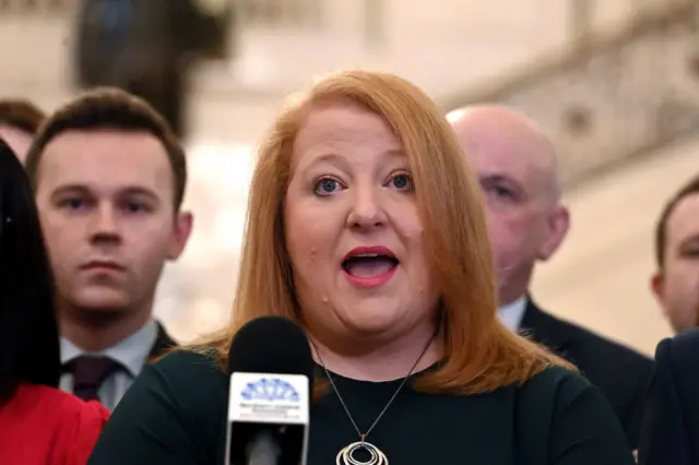 Alliance leader Naomi Long speaks to media at Stormont