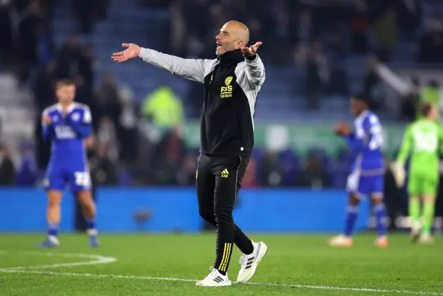 Leicester City boss Enzo Maresca on the pitch after a win