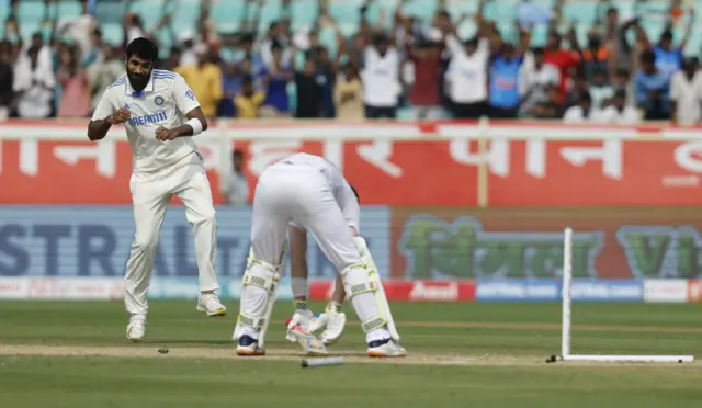 Jasprit Bumrah celebrates bowling Ollie Pope