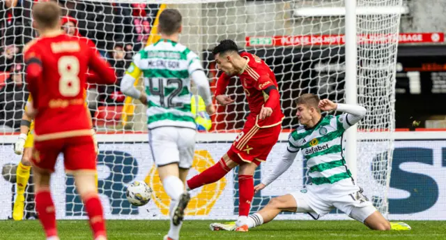 Bojan Miovski scores for Aberdeen against Celtic