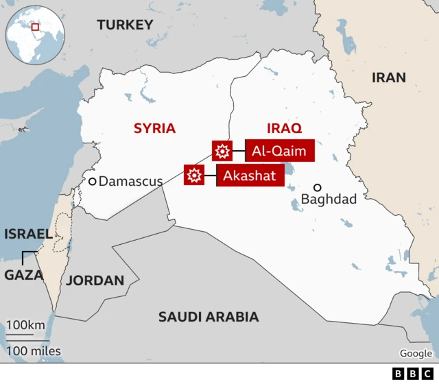 Map showing Iraqi towns of Al-Qaim and Akashat