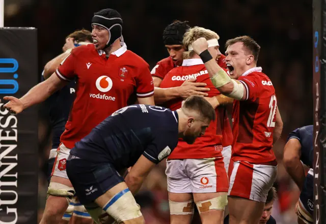 Wales celebrate a try