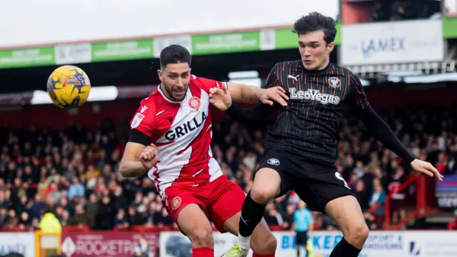 Stevenage and Blackpool players challenge for the ball