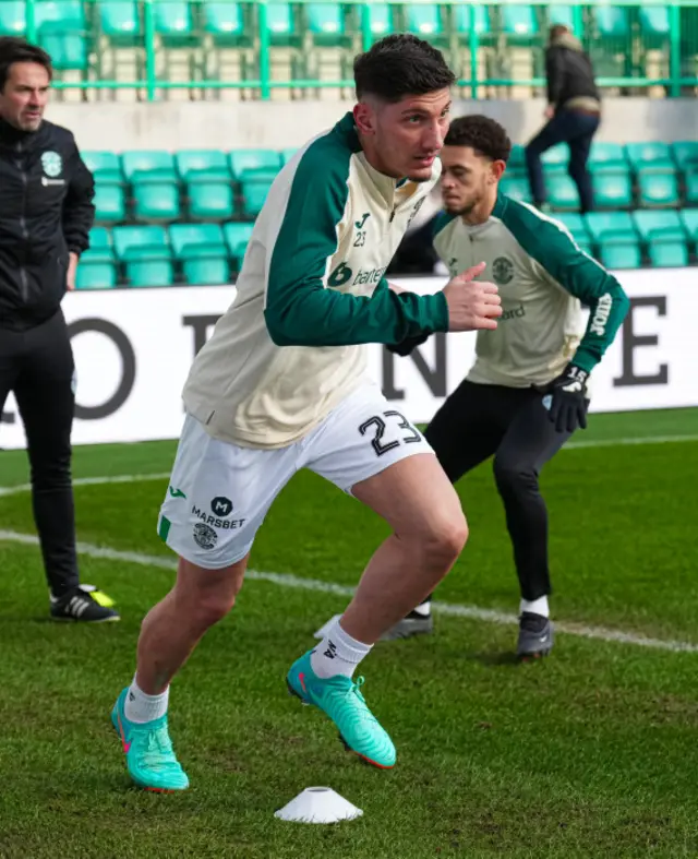 Hibernian's Nectarios Triantis warms upduring a cinch Premiership match between Hibernian and St Mirren at Easter Road Stadium, on February 03, 2024, in Edinburgh, Scotland.