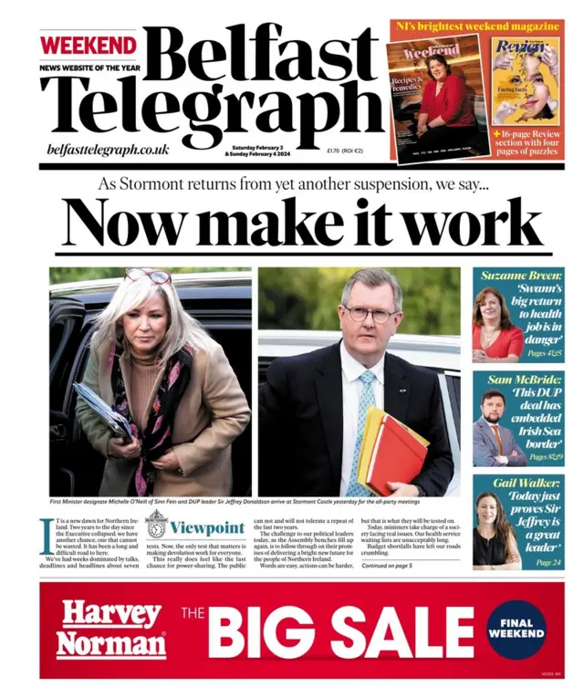 Front page of the Belfast Telegraph