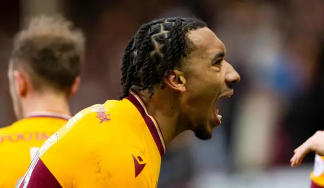 Theo Bair celebrates after scoring for Motherwell against Kilmarnock