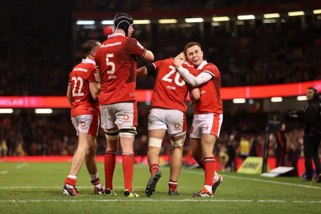 Wales celebrate a try