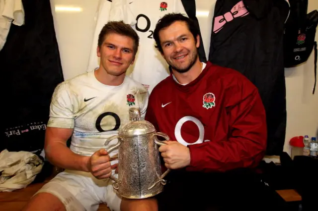 England centre Owen Farrell and his father and assistant England coach coach Andy Farrell pose with the Calcutta Cup