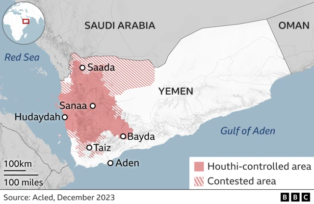 A map showing where Houthis are based in Yemen