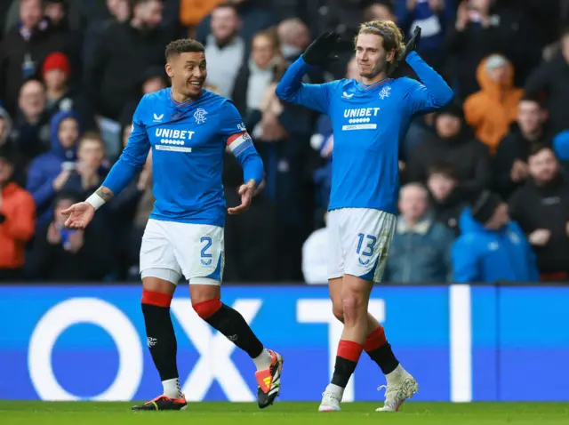 James Tavernier and Rangers' third scorer of the day Todd Cantwell