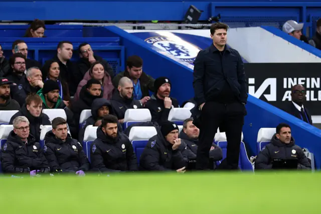 : Mauricio Pochettino, Manager of Chelsea, looks on