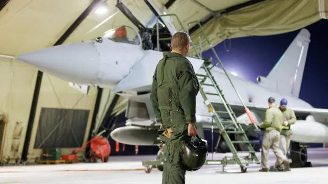 An RAF Typhoon FGR4 aircraft returns to base following strikes against Houthi targets in Yemen