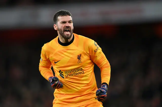 Alisson Becker of Liverpool celebrates