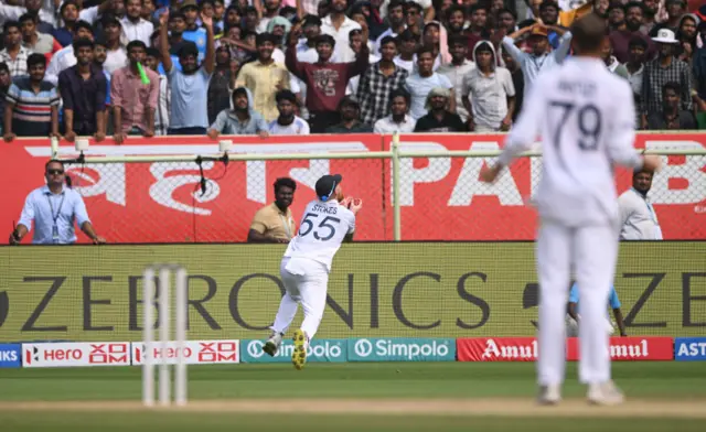 England's Ben Stokes catches India's Shreyas Iyer