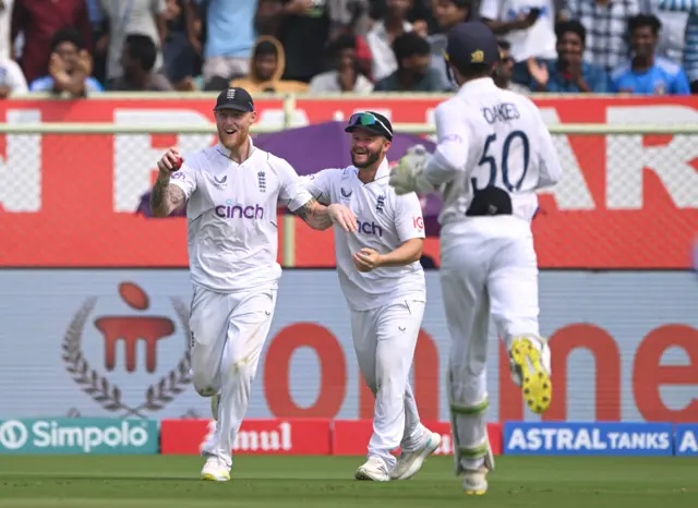 England's Ben Stokes celebrates catching India's Shreyas Iyer