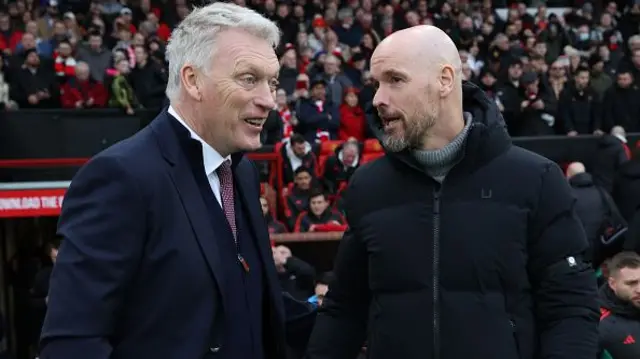 : Manager Erik ten Hag of Manchester United and Manager David Moyes of West Ham United speak