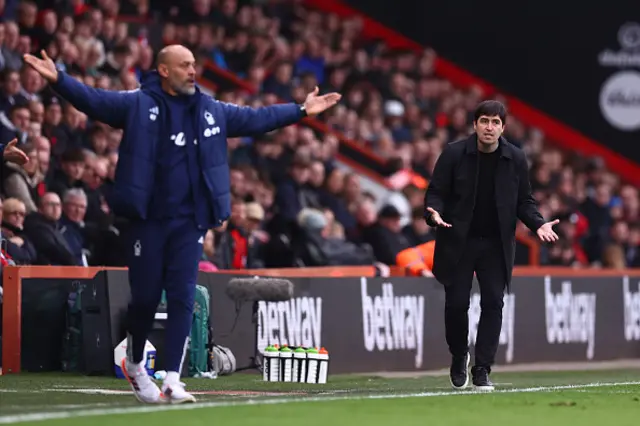 Andoni Iraola, Manager of AFC Bournemouth, reacts alongside Nuno Espirito Santo,