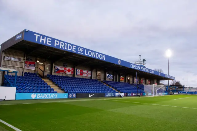 A wide angle shot of the main stand at Kingsmeadow.