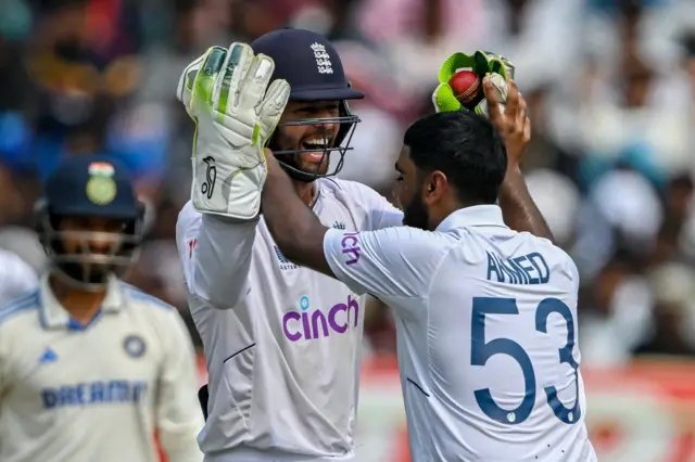 England's Ben Foakes celebrates catching India's Rajat Patidar with Rehan Ahmed