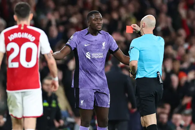 Ibrahima Konate of Liverpool recieves a red card