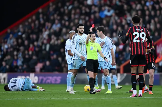 : Referee Rebecca Welch shows a red card to Philip Billing