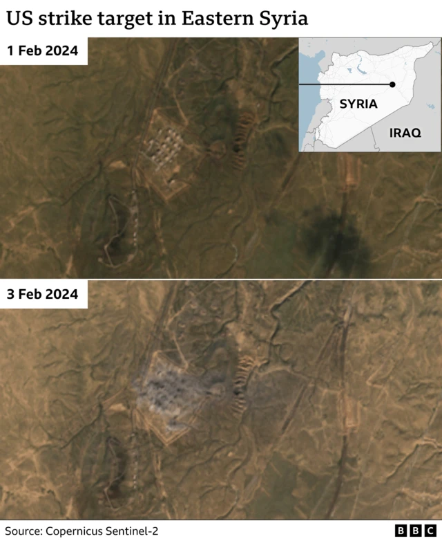 Before and after images of the air strikes appear to show damage at an an ammunition storage facility in Syria